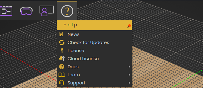 Start SimLab VR Studio, to launch the License Dialog, Click on the help icon, then the License tab.
