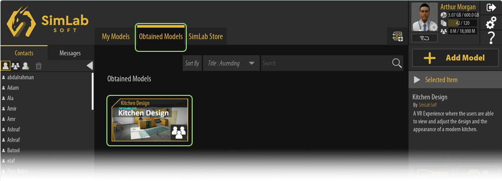 To access purchased items, go to the Obtained Models tab where you can find purchased VR Experiences and those that were shared with you by other users.